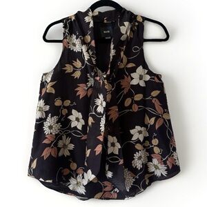 Maeve Anthropologie 100% Silk Floral Tie Neck Blouse Sleeveless Sheer Top
